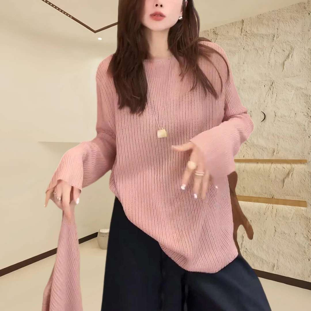 2025春夏新款洋气圆领针织衫透气冰感竖坑条设计感短袖宽松上衣女