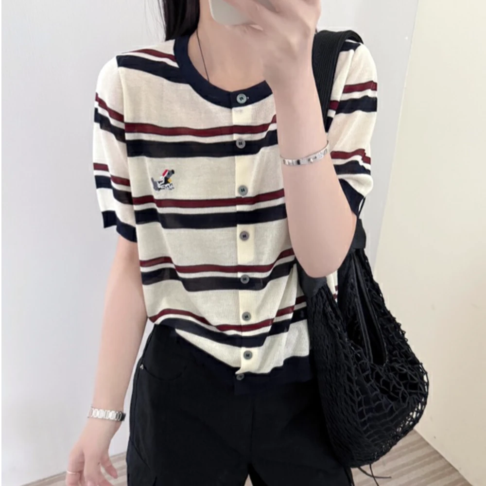 2838大码女装夏季新款圆领撞色条纹设计针织开衫韩系洋气短袖上衣