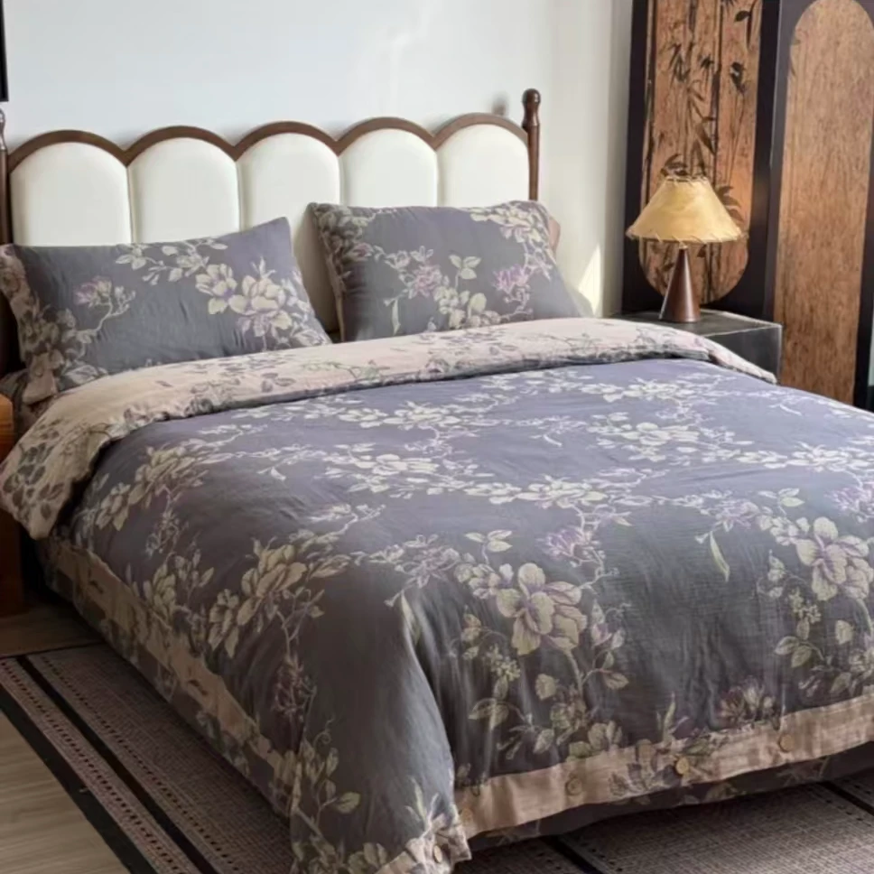 亲肤棉双层纱四件套--花畔（纽扣）