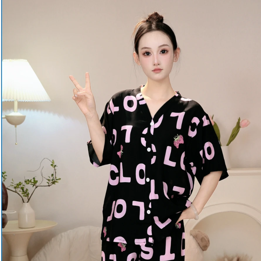 2025夏季薄款可爱甜美卡通睡衣套装印花透气吸汗网红家居服女士