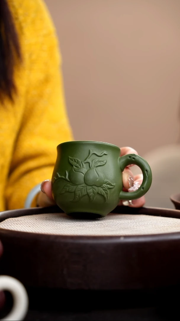 【闪购商品】紫砂茶壶民国绿寿桃手把杯