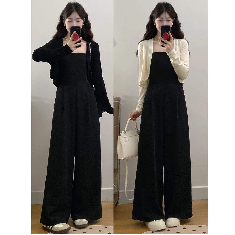 2025春季新款黑色收腰显高吊带连体裤阔腿裤+开衫外套两件套套装