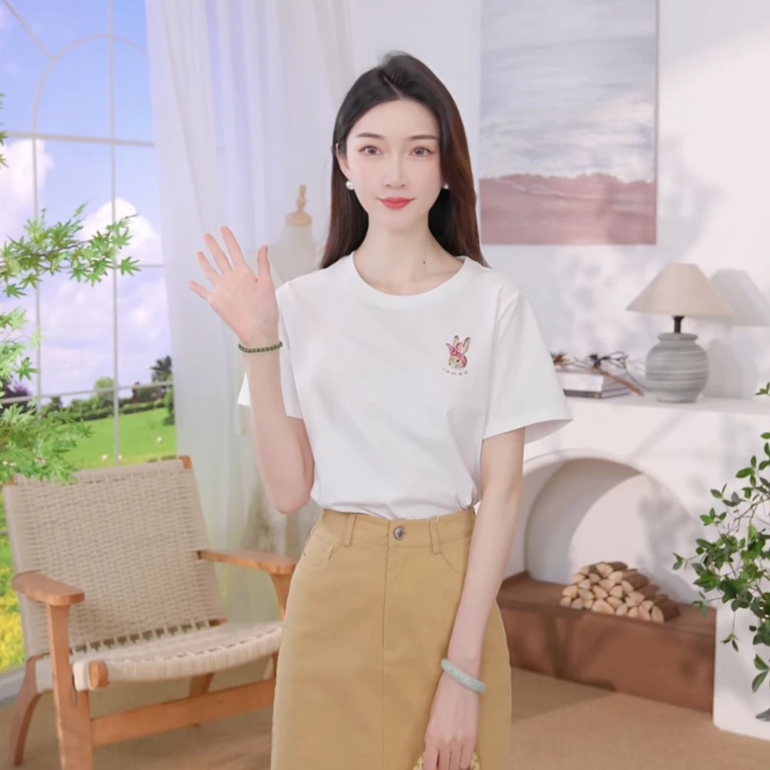 茵曼2025女新款夏季时尚舒适绣花短袖白T恤女舒适圆领百搭休闲纯