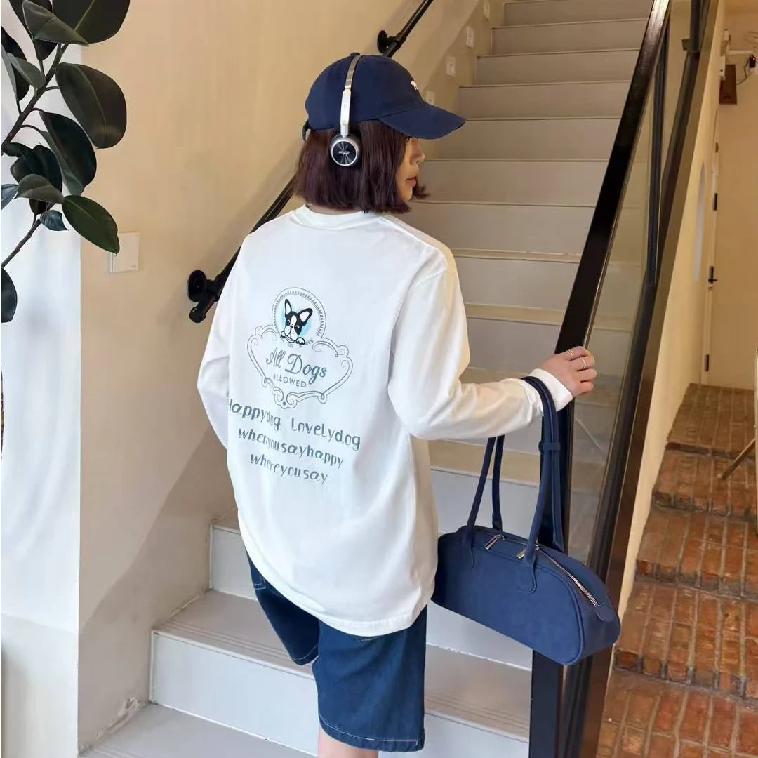 纸袋家春季「重工刺绣斗牛狗230克纯棉双纱长袖T恤」3007印花打底衫