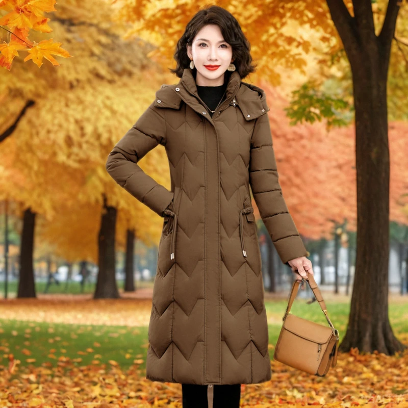 时尚妈妈装冬季服女长款过膝中老年女装棉衣新款加厚棉袄