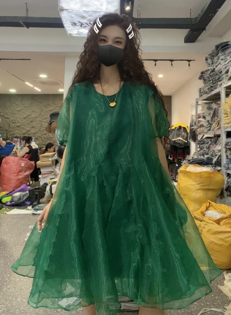 museguhui/木色古汇72366纯色气质显瘦百搭短袖休闲连衣裙