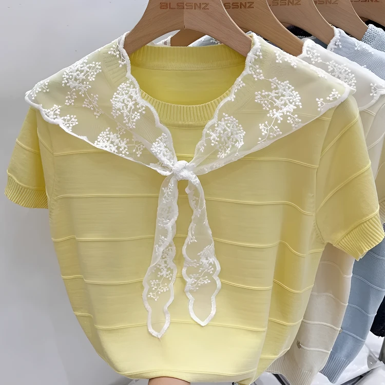 蕾丝披肩圆领短袖针织衫薄款宽松上衣韩系风气质百搭夏季新款