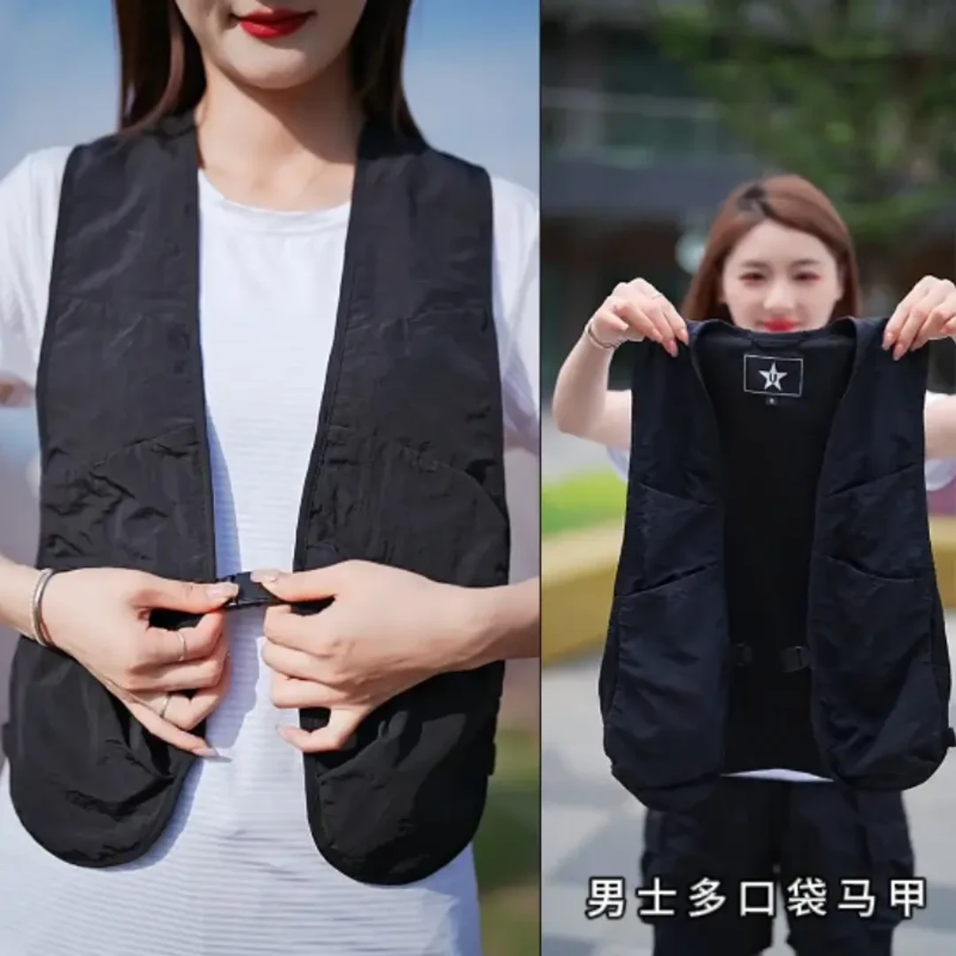 多口袋薄款无领透气直下摆春马甲免烫耐磨四季通用纯色不起球