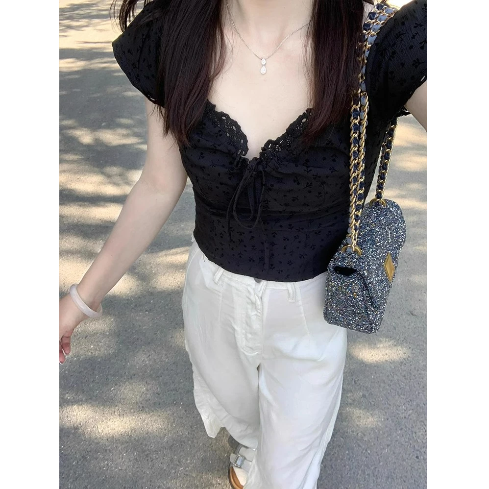 韩系辣妹风木耳边短袖衬衫女夏季2025新款气质百搭裤子两件套8732