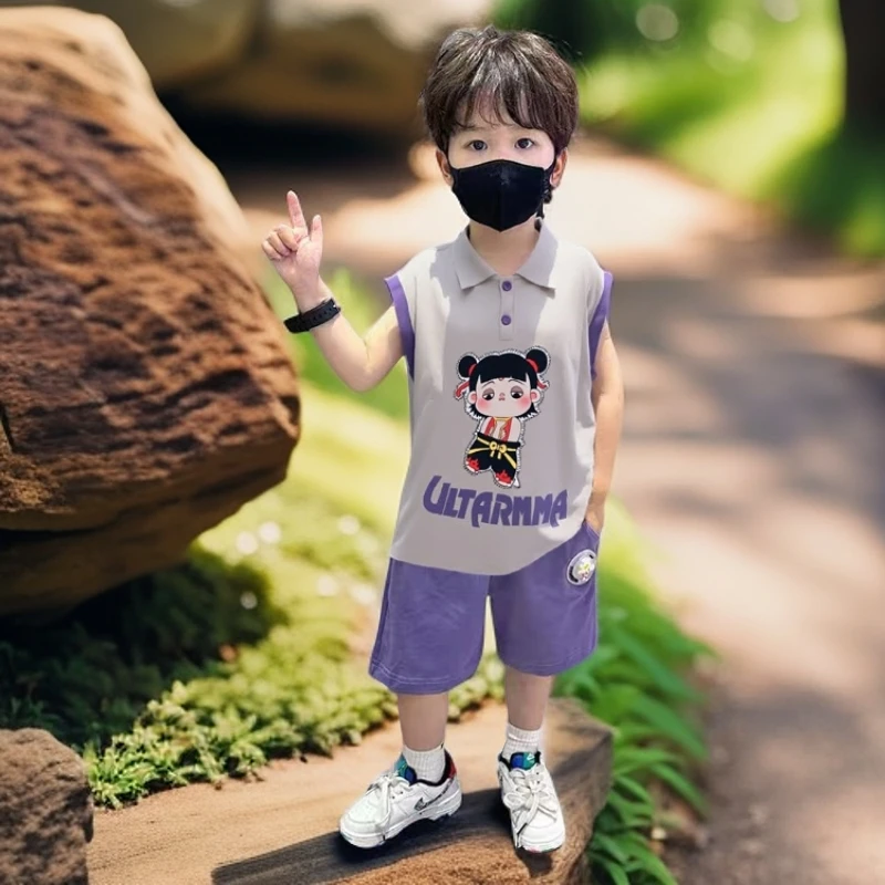 哪吒儿童服装男童夏季背心套装2025新款男孩运动男宝夏装无袖衣服