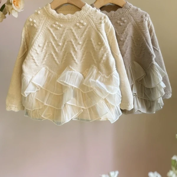 女童秋装宝宝毛衣甜美针织衫常洋气裙衫女孩秋季蕾丝小清新少女风