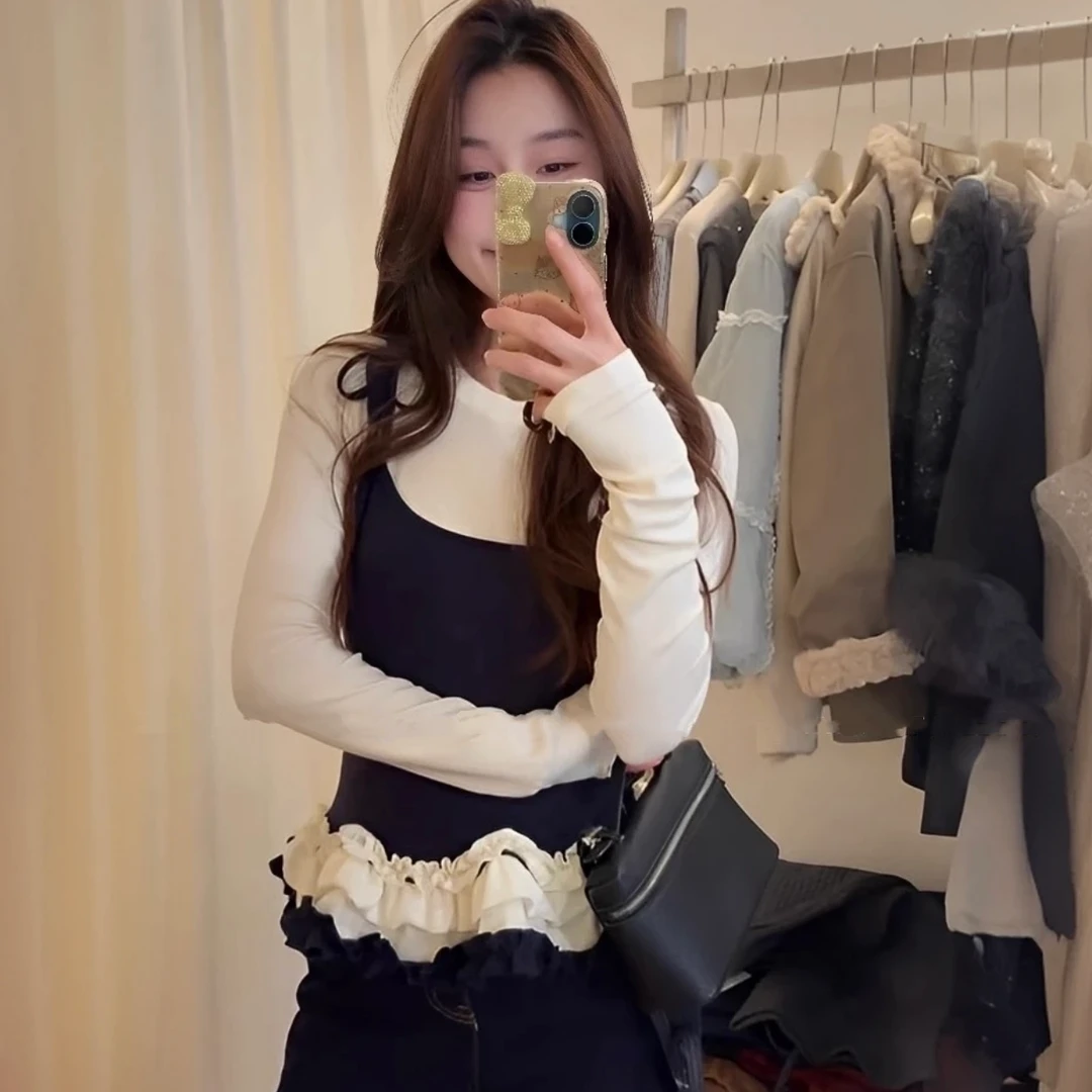 #9018东大门韩系假两件吊带拼接T恤女早春外穿修身长袖木耳边上衣