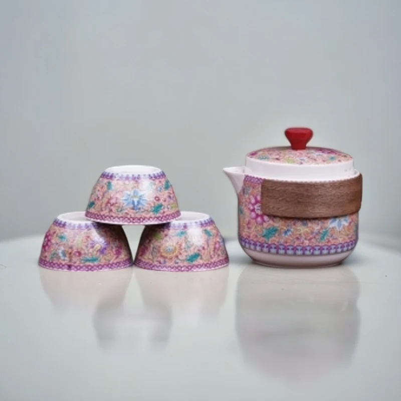 珐琅KK0319彩旅行茶具一壶三杯（带包）