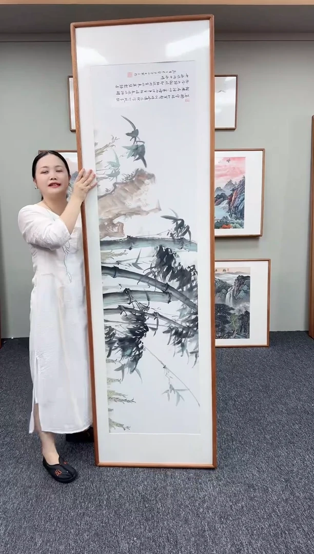 国画竹石图210*60手绘作品