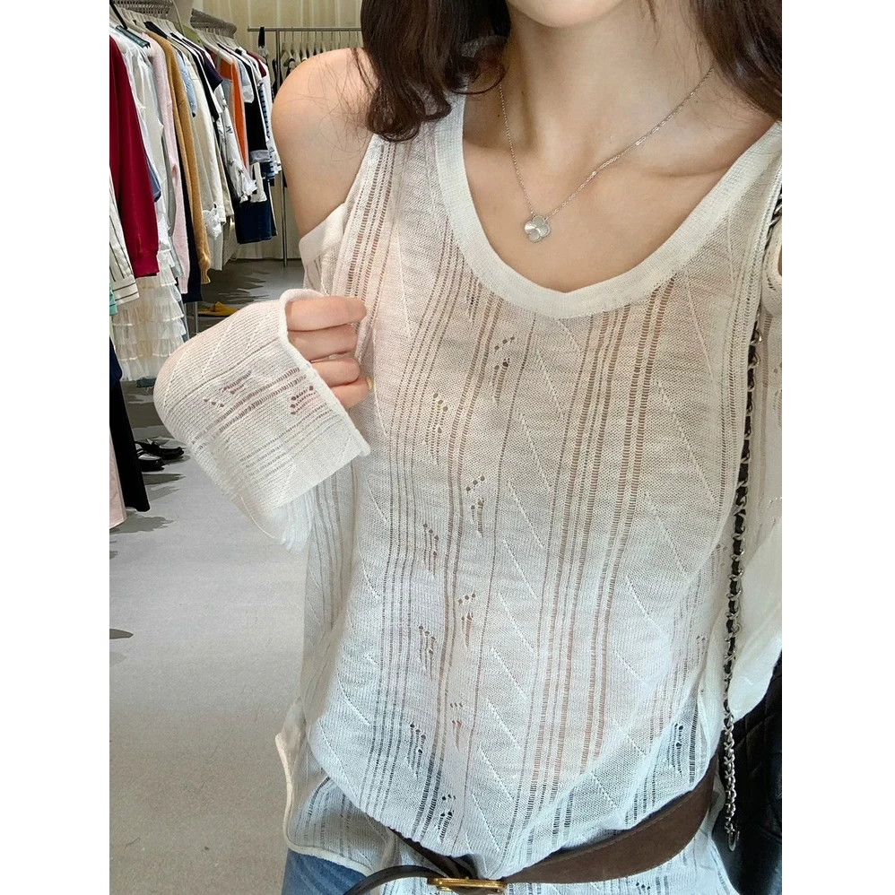 2025夏季新款温柔风圆领镂空露肩长袖薄款针织防晒罩衫上衣