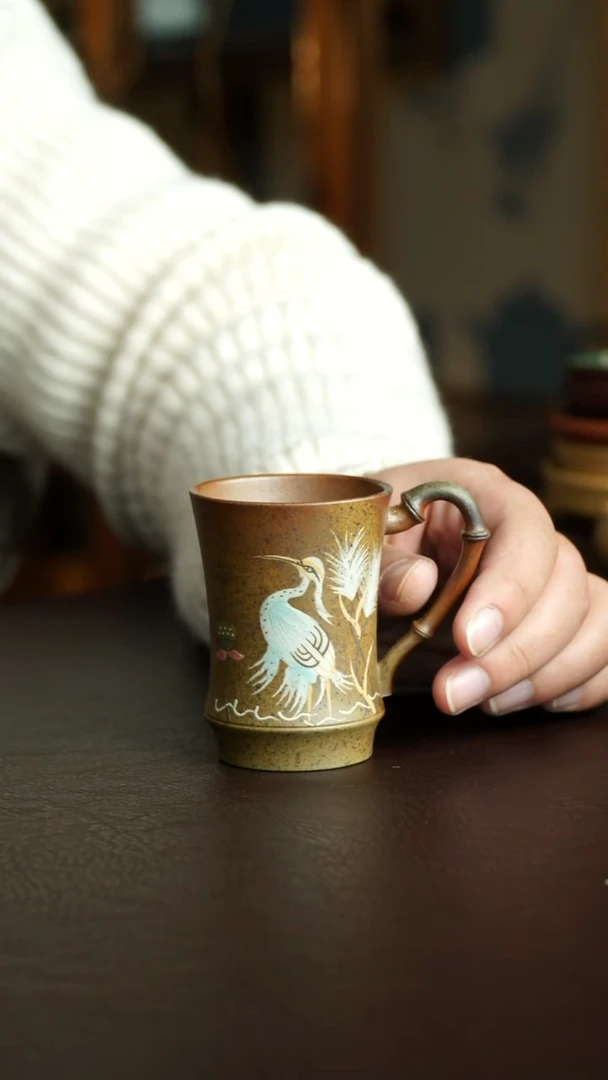 茶杯紫砂37号 柴烧竹节把杯 宜兴紫砂原矿作品