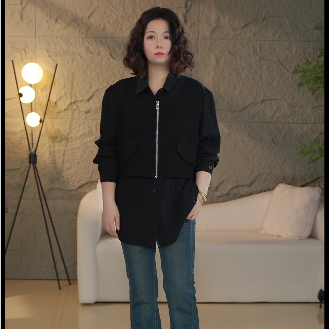 2025春夏热推黑色拼接拉链上衣竖纹肌理立体口袋尽显率性风格170