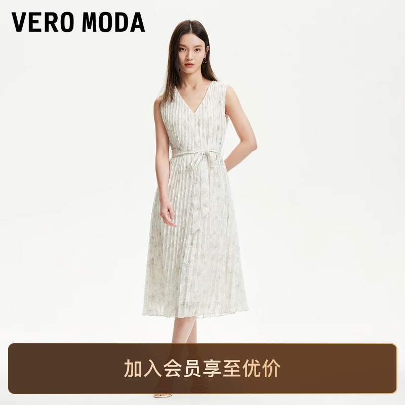 Vero Moda连衣裙25新款浪漫印花压褶无袖V领小众连衣裙松弛感洋气