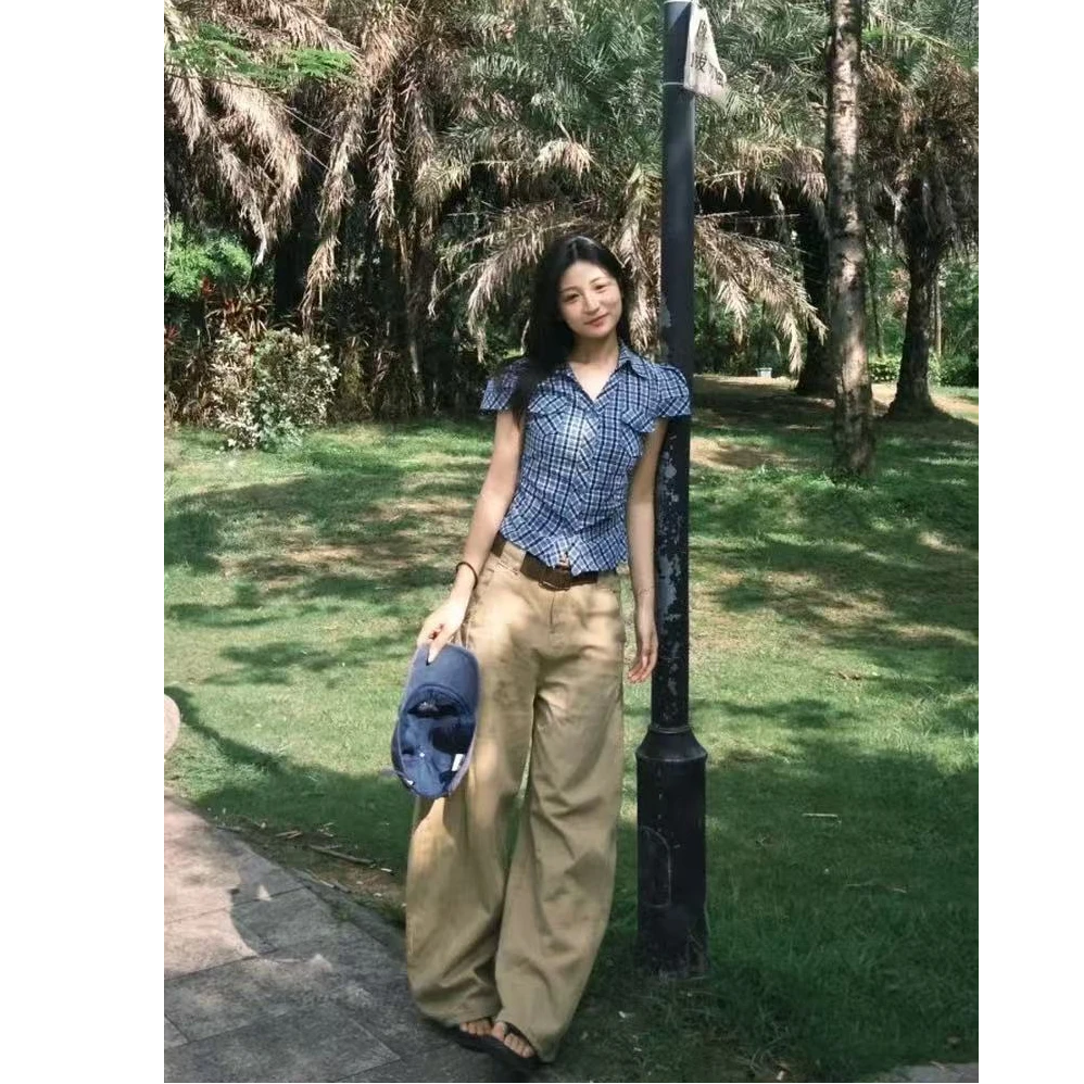 韩系掐腰格纹正肩短袖衬衫女夏季新款设计感口袋收腰气质显瘦上衣