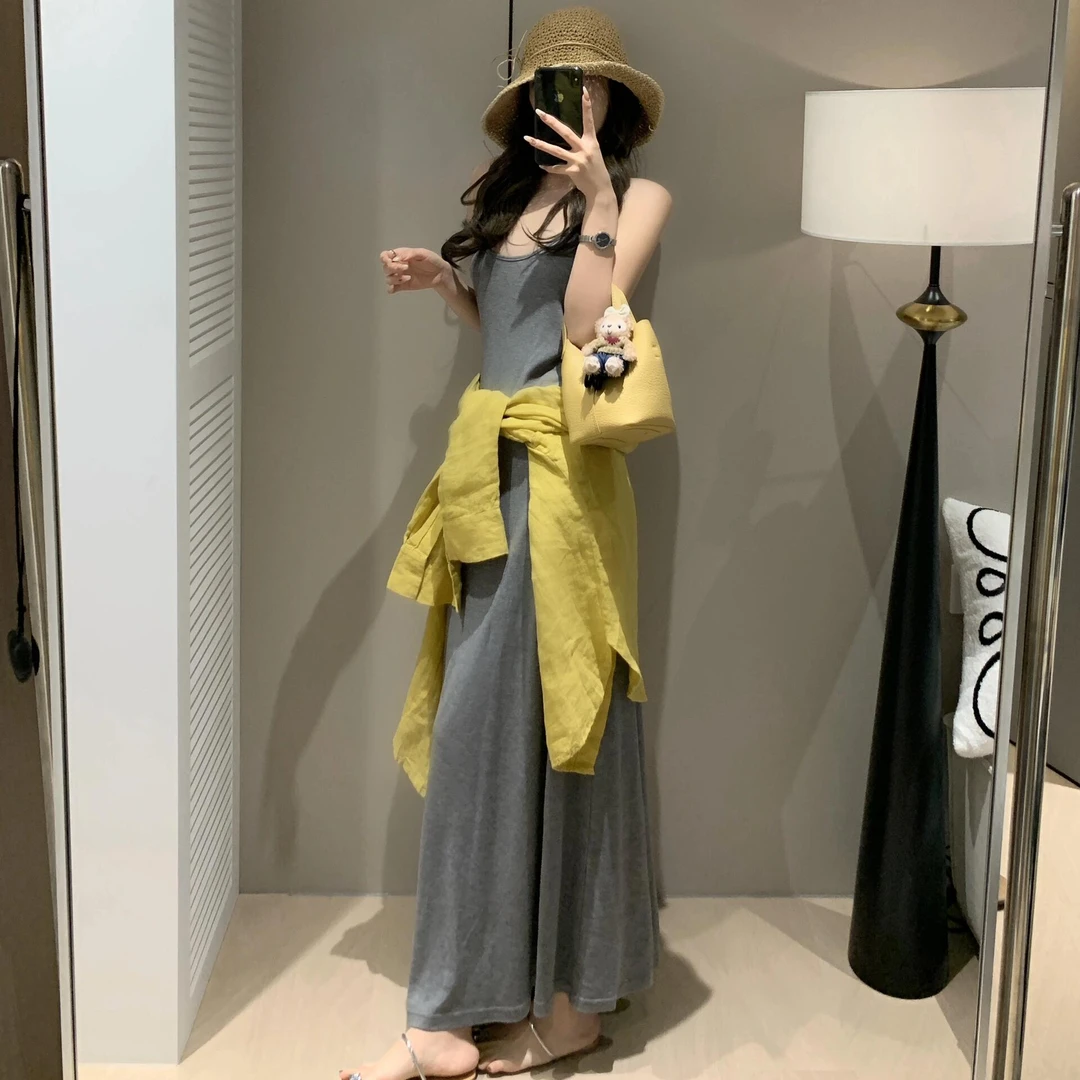 收腰显瘦高级感辣妹灰色吊带连衣裙女夏季新款法式气质a字长裙子