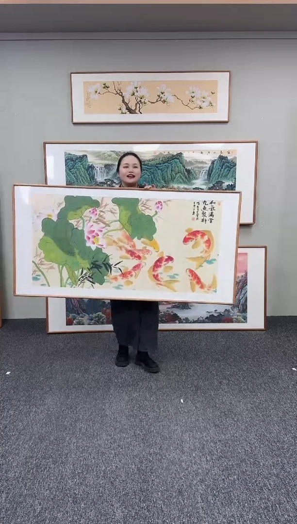 国画荷花九鱼图155*78