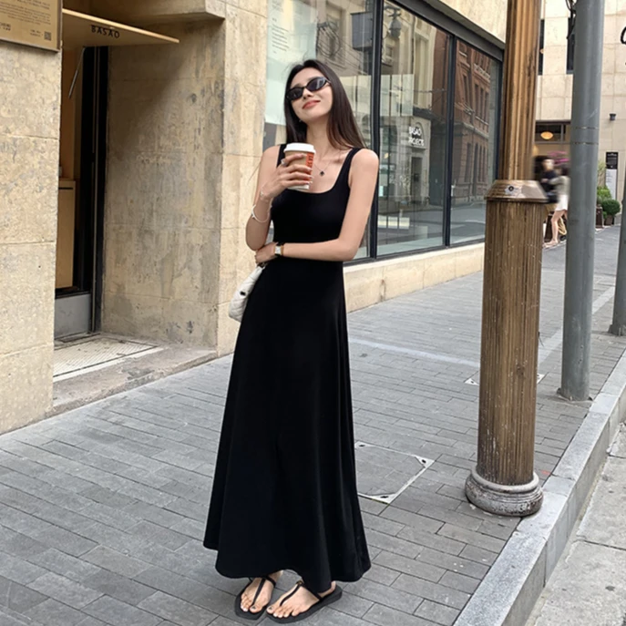 高定极地裙宽肩带背心连衣裙无袖收腰吊带纯色百搭显瘦方领大摆裙