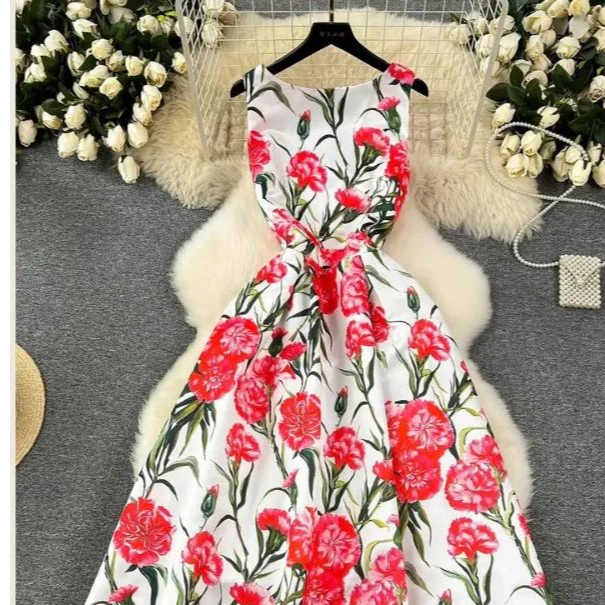 A57女式无袖A字版型花朵时尚印花女式中长连衣裙碎花显瘦复古