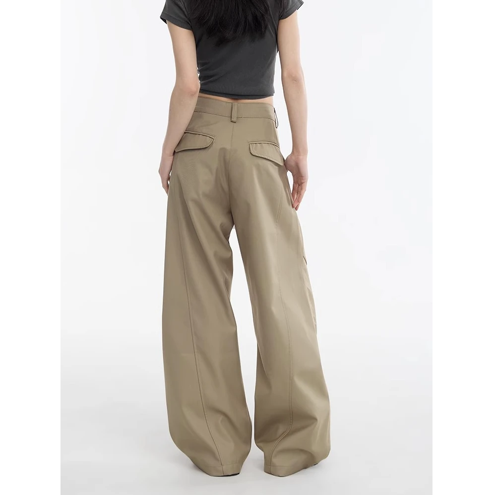 美式卡其色工装口袋阔腿裤秋冬加绒加厚西装裤女宽松弯刀休闲裤子