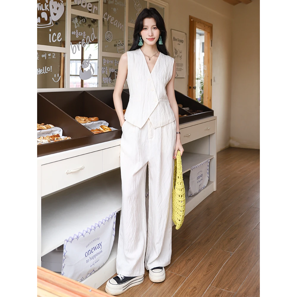 法式小众设计感干练显瘦苎麻挺括背心小西装马甲阔腿裤两件套