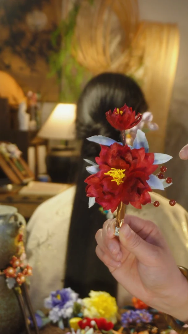 木非遗绒花红色大牡丹边夹
