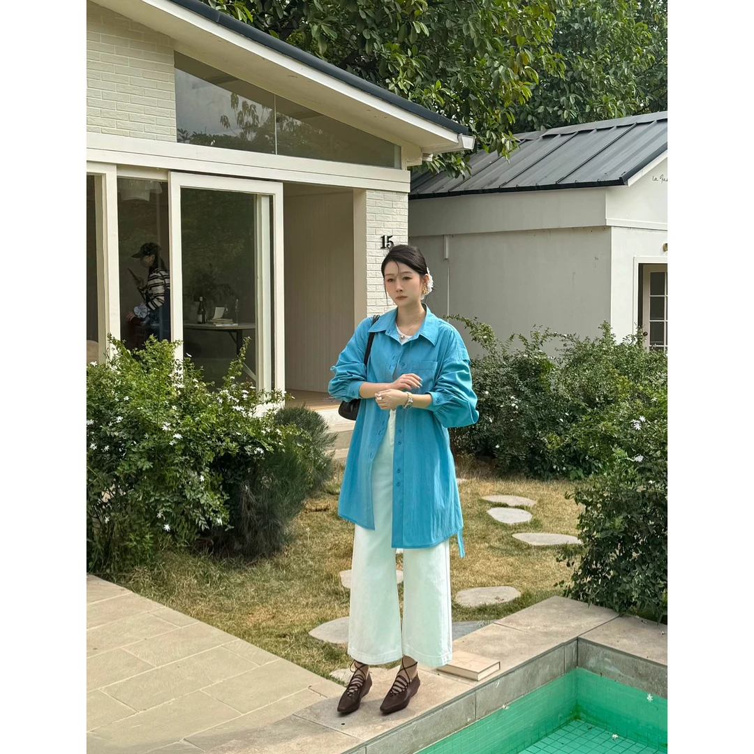 蓝色宽松显瘦衬衫春秋新款设计感休闲长袖上衣