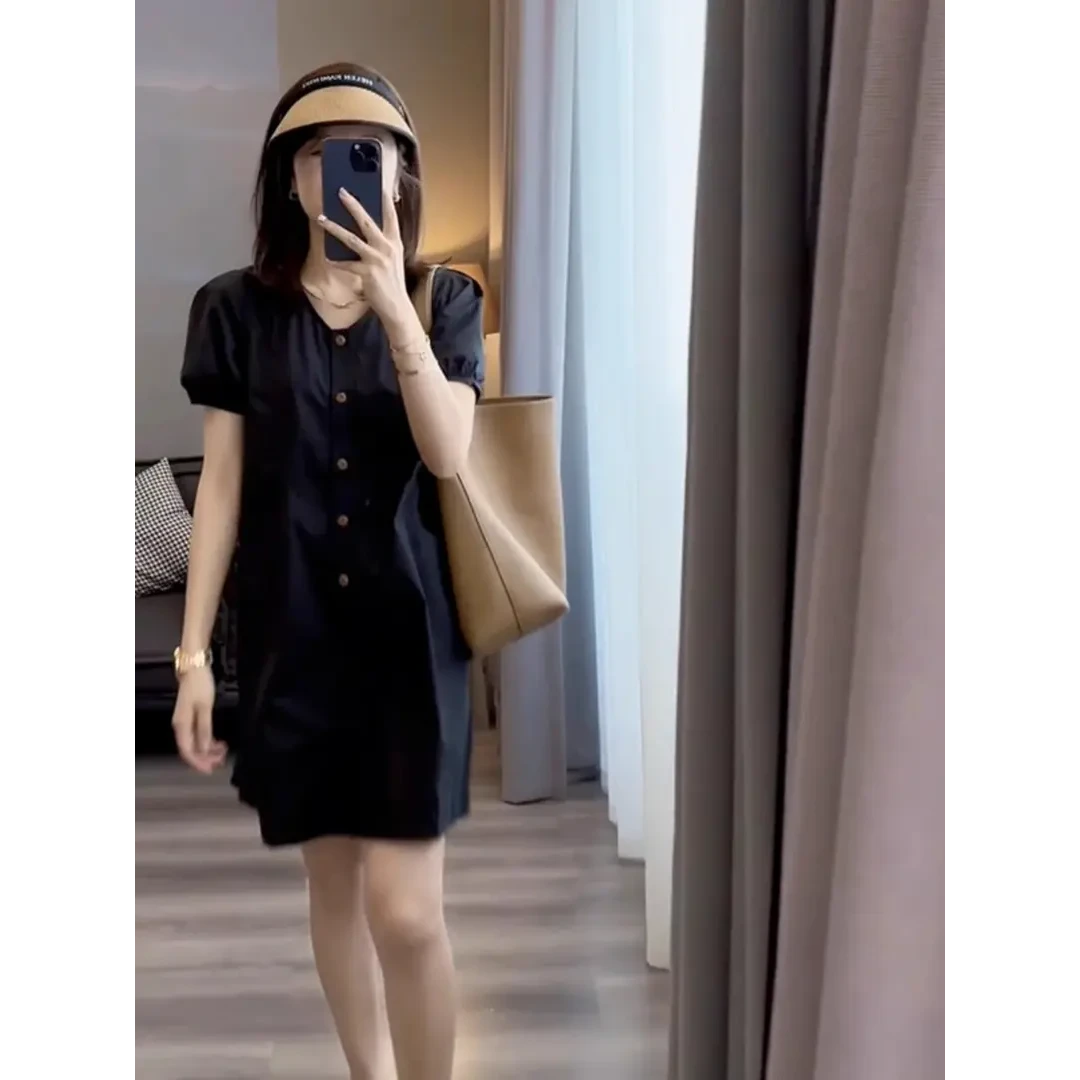 C218法式高级感小个子气质中长裙夏季新款赫本风v领减龄连衣裙子