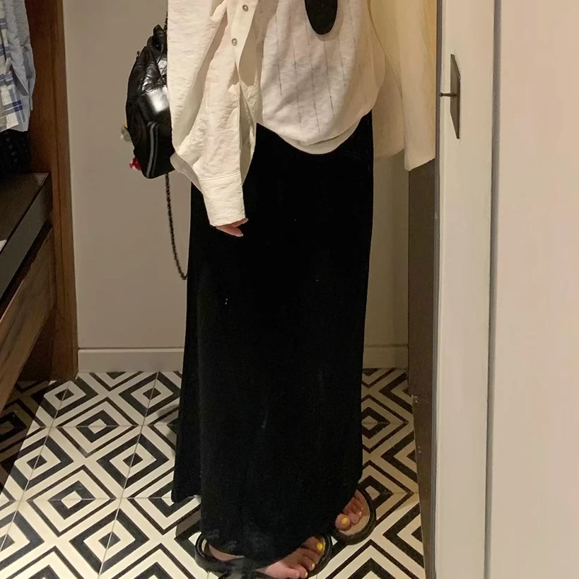 开衩半身裙松紧腰2025夏季新款韩版基础设计纯色气质休闲中长裙N