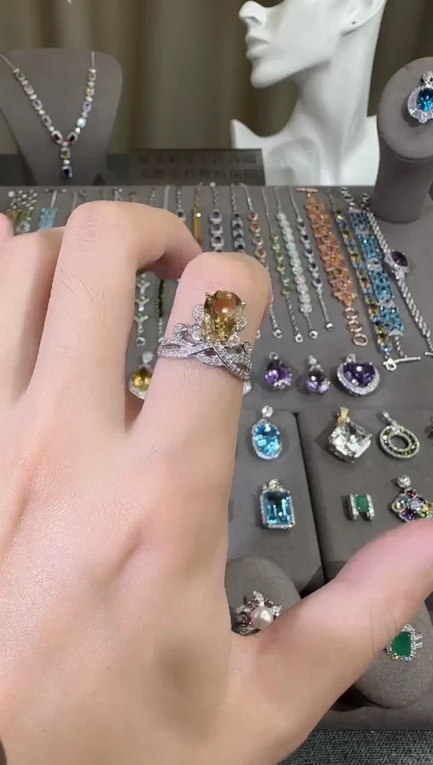 银S925镶嵌戒指黄晶10*8mm戒指水滴款
