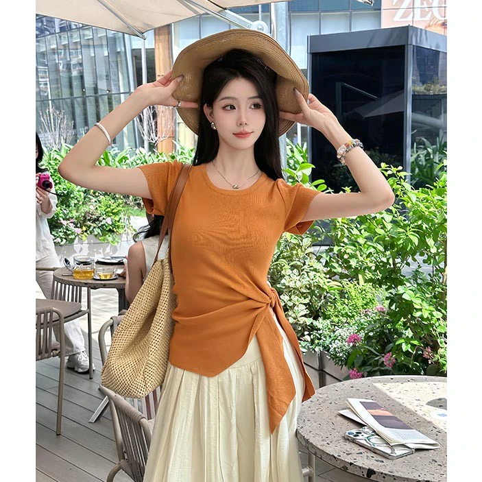 简约绑带收腰显瘦百搭短袖女t恤2025新款度假风不规则外穿上衣ins