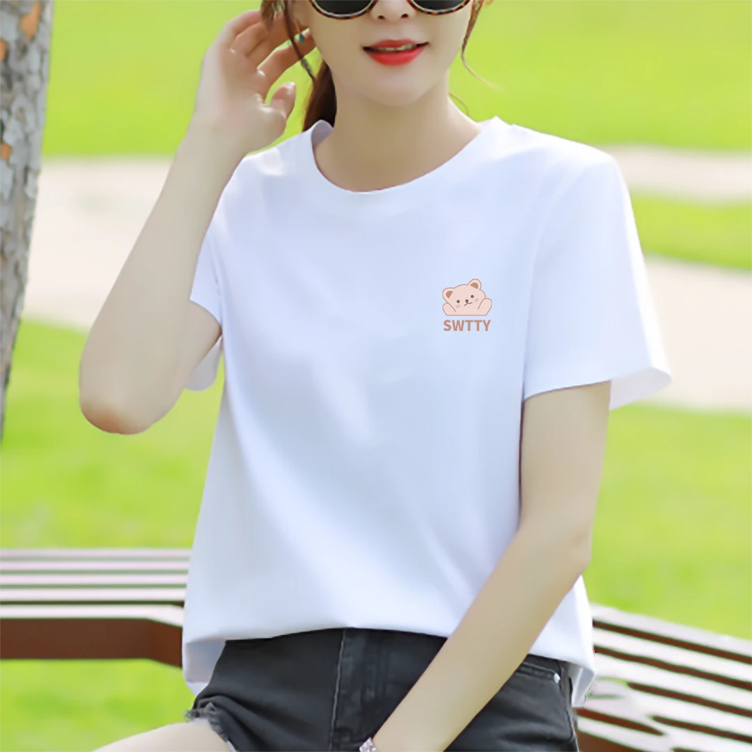 冰瓷棉女士短袖t恤夏季新款简约休闲宽松百搭半袖时尚白色体恤ins