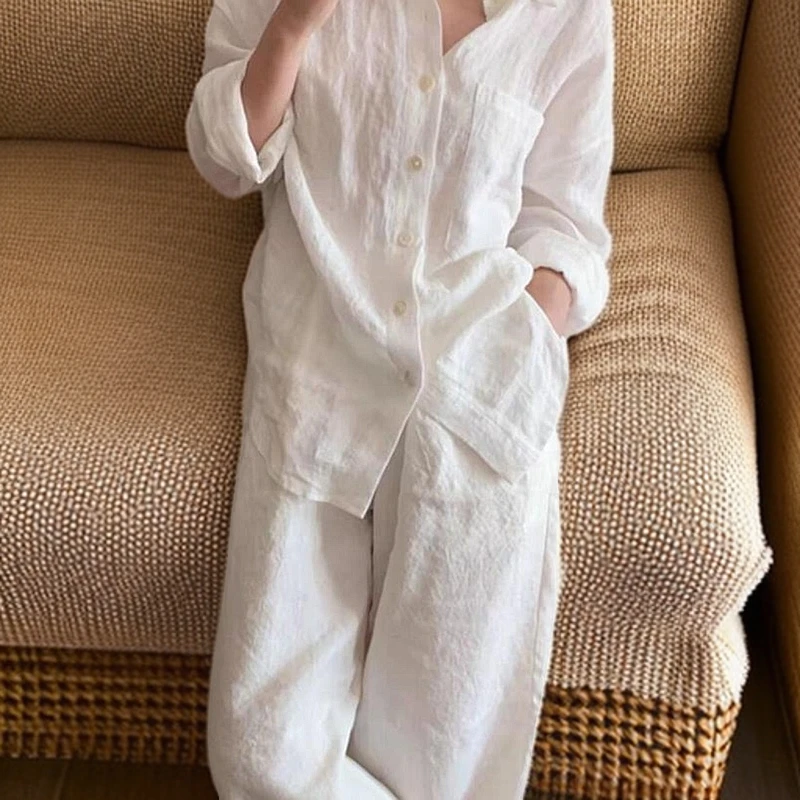 2025年夏季法式衬衫翻领长袖白色常规秋夏季纯色休闲薄款简约套装