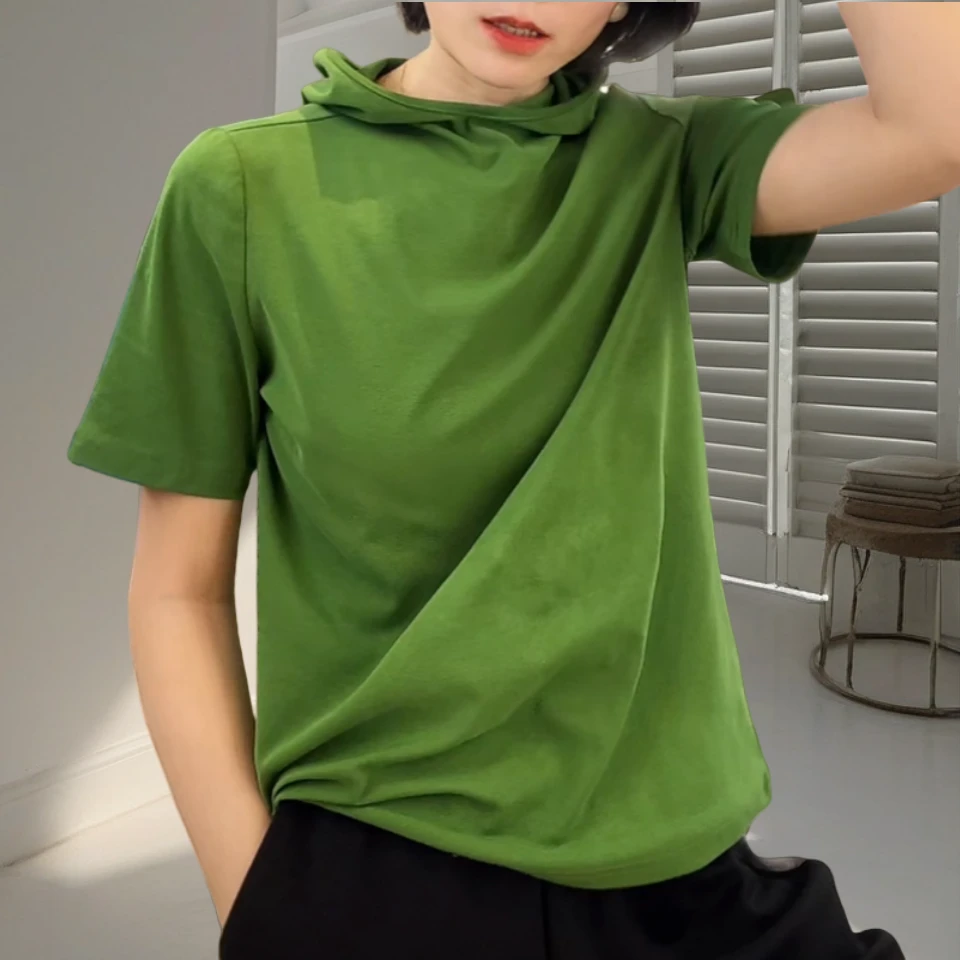 21025春季新款潮流纯色轻薄透气百搭时尚休闲连帽套头半袖女士T恤