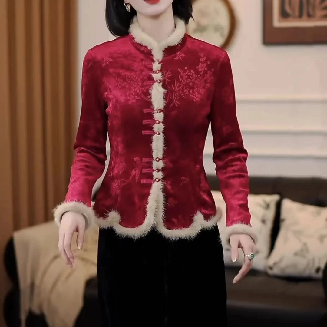 备用7冬季新款打底衫女 气质网红时尚复古红色中式加绒ins女士