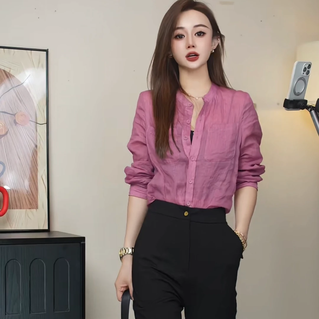 时尚气质长袖衬衫2025夏季新款通勤立领轻薄防晒百搭上衣