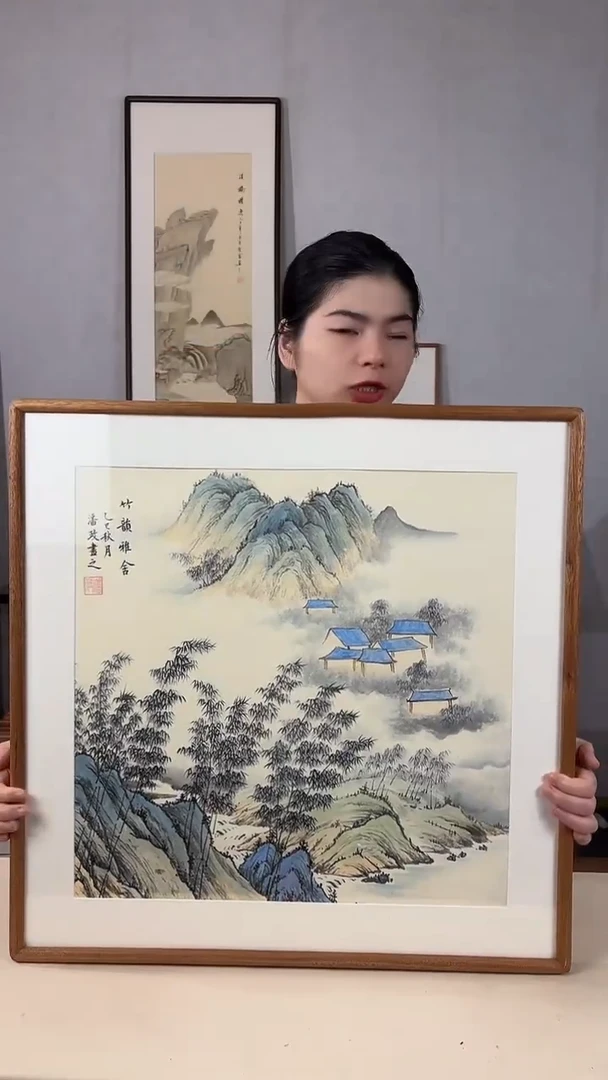 国画手绘*竹韵雅舍*62*62cm实木框