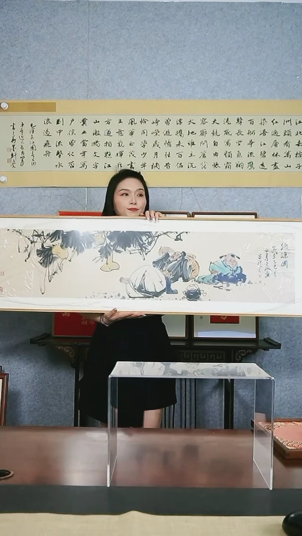 书法【纳凉图】人物160*40实木榫卯