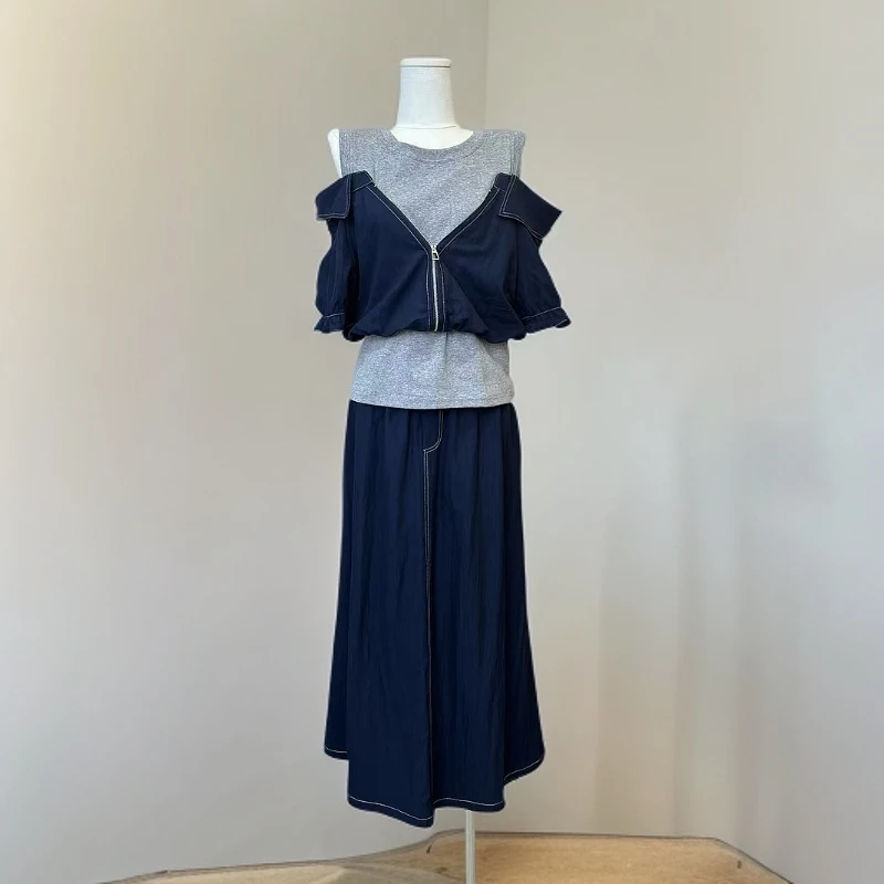 516漏肩牛仔套装裙女装气质显瘦时尚百搭设计感两件套