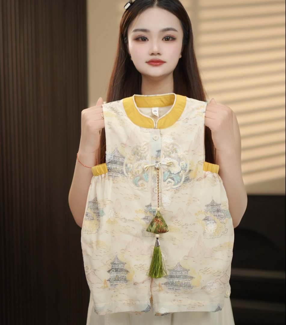 【原创设计】2025夏季新款男女儿童无袖新中式渔夫裤子29351