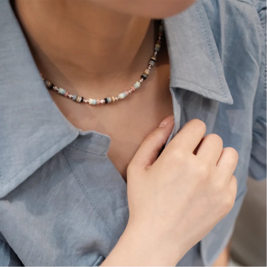 链子925银 纯银多巴胺七色彩虹串珠项链轻奢小众女生海边度假配饰