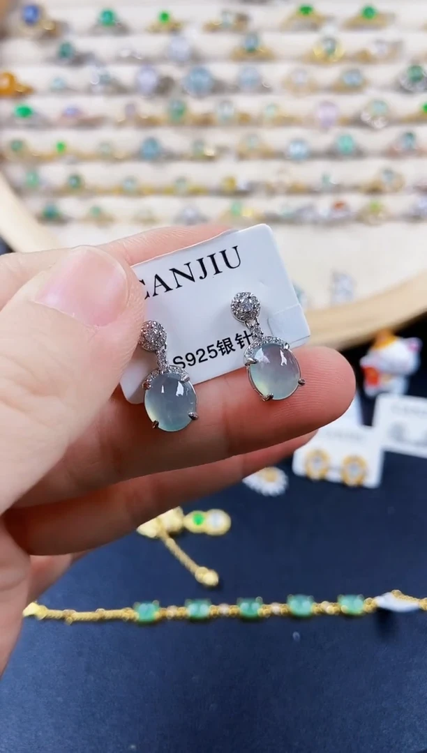 翡翠银S925镶嵌耳饰45689