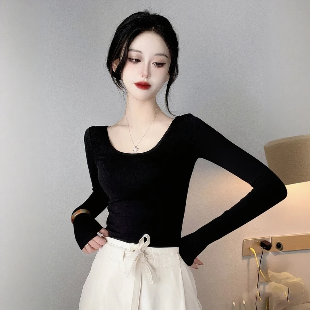 黑色U领露背打底衫女2025新款春秋内搭低领洋气修身显瘦内搭女