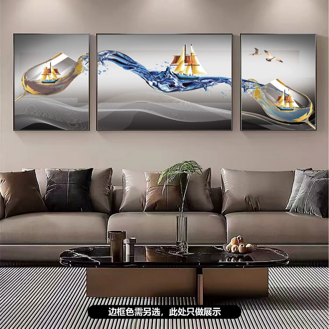至尚【顺水行舟】餐厅晶瓷铝合金边真晶瓷三联装饰画ZS002