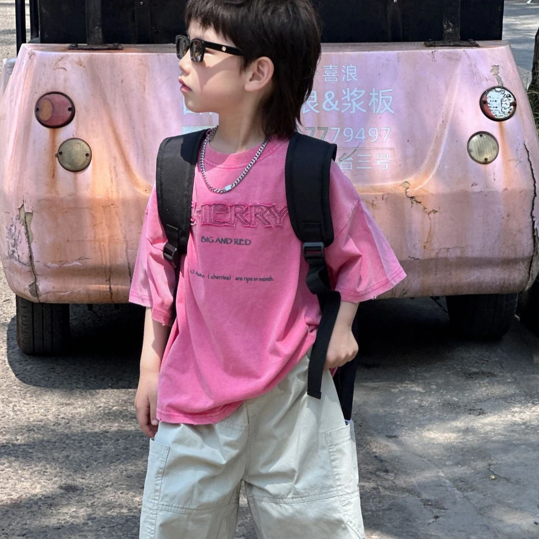 【七月流萤】夏款男童潮红色英文卡通印花T恤童装时尚儿童短袖上衣