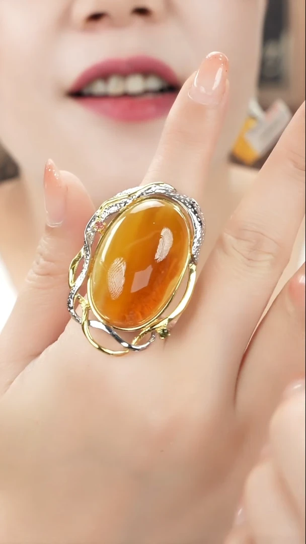 银S925镀金镶嵌吊坠(不含链)琥珀蜜蜡大戒指